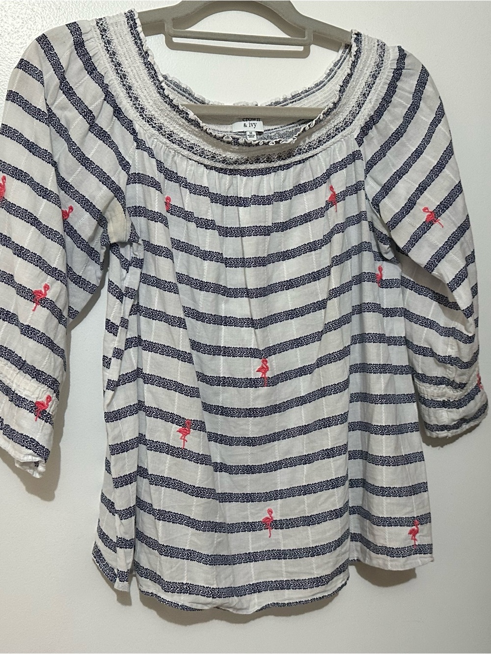 crown & ivy White Top with Navy Stripes and off shoulder